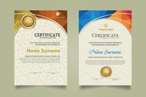 Set modern certificate template with triangle geometric polygon on circular lines ornate background. vector illustrations