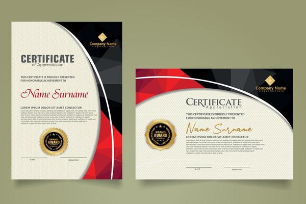 Set modern certificate template with triangle geometric polygon on circular lines ornate background. vector illustrations