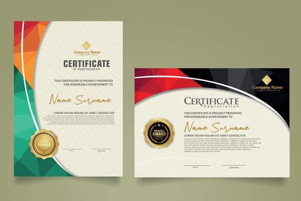 Set modern certificate template with triangle geometric polygon on circular lines ornate background. vector illustrations