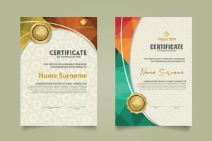 Set modern certificate template with triangle geometric polygon on circular lines ornate background. vector illustrations