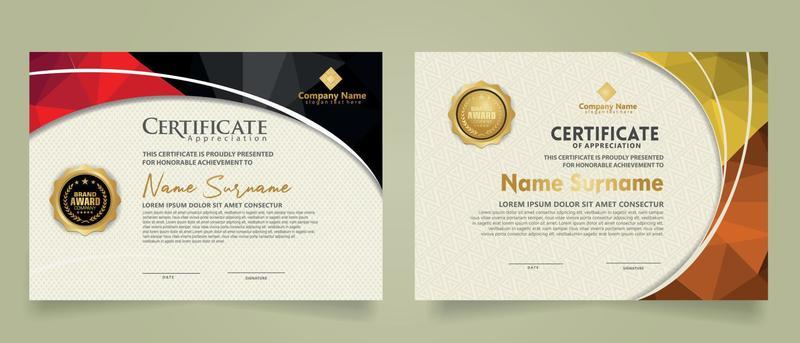 Set modern certificate template with triangle geometric polygon on circular lines ornate background. vector illustrations