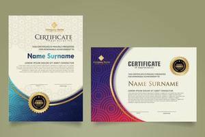 Set modern certificate template with triangle geometric polygon on circular lines ornate background. vector illustrations