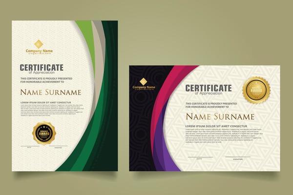 Set modern certificate template with futuristic and elegant color wave shape on the ornament and modern pattern background