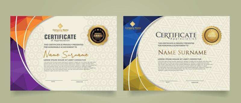Set modern certificate template with triangle geometric polygon on circular lines ornate background. vector illustrations