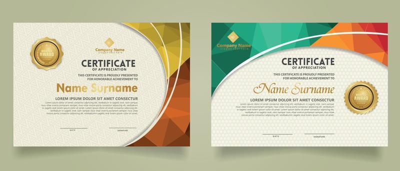 Set modern certificate template with triangle geometric polygon on circular lines ornate background. vector illustrations