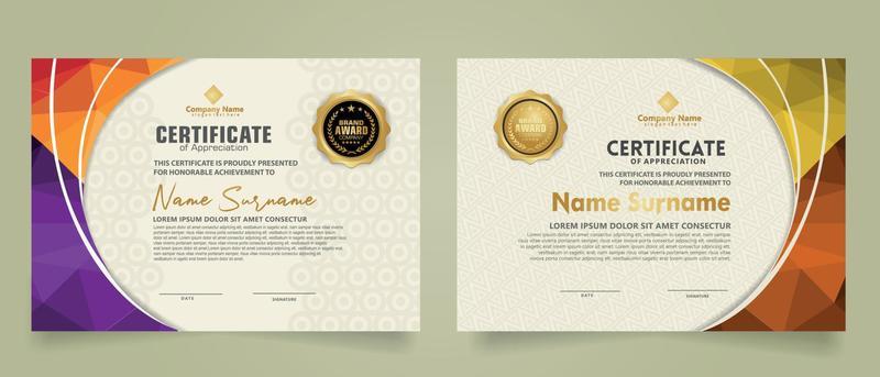 Set modern certificate template with triangle geometric polygon on circular lines ornate background. vector illustrations