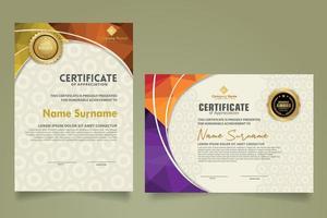 Set modern certificate template with triangle geometric polygon on circular lines ornate background. vector illustrations