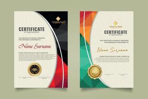 Set modern certificate template with triangle geometric polygon on circular lines ornate background. vector illustrations