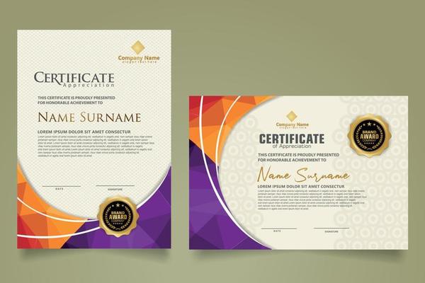 Set modern certificate template with triangle geometric polygon on circular lines ornate background. vector illustrations