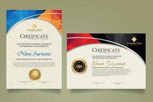 Set modern certificate template with triangle geometric polygon on circular lines ornate background. vector illustrations