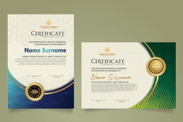 Set modern certificate template with triangle geometric polygon on circular lines ornate background. vector illustrations