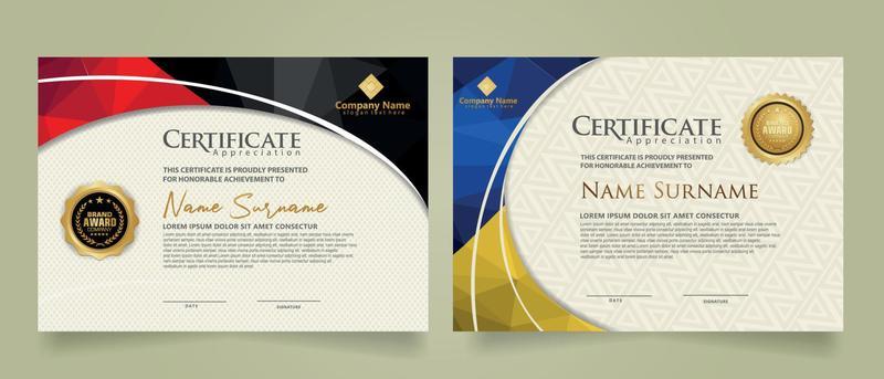 Set modern certificate template with triangle geometric polygon on circular lines ornate background. vector illustrations