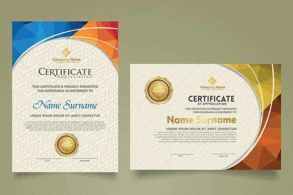 Set modern certificate template with triangle geometric polygon on circular lines ornate background. vector illustrations