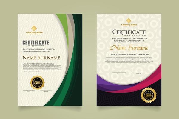 Set modern certificate template with futuristic and elegant color wave shape on the ornament and modern pattern background