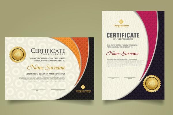 Set modern certificate template with realistic texture diamond shaped on the ornament and modern pattern background