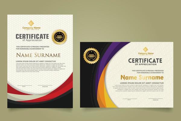 Set modern certificate template with futuristic and elegant color wave shape on the ornament and modern pattern background