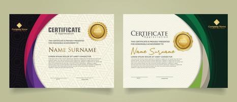 Set modern certificate template with futuristic and elegant color wave shape on the ornament and modern pattern background vector