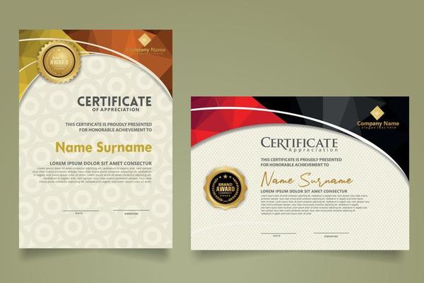 Set modern certificate template with triangle geometric polygon on circular lines ornate background. vector illustrations