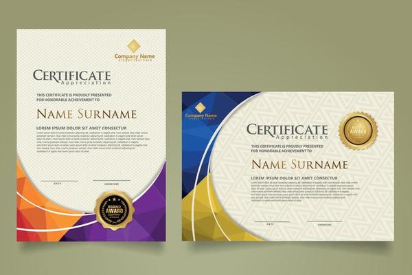 Set modern certificate template with triangle geometric polygon on circular lines ornate background. vector illustrations