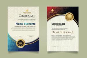 Set modern certificate template with triangle geometric polygon on circular lines ornate background. vector illustrations