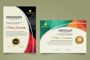 Set modern certificate template with triangle geometric polygon on circular lines ornate background. vector illustrations