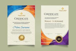 Set modern certificate template with triangle geometric polygon on circular lines ornate background. vector illustrations