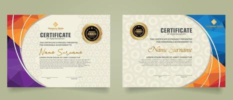 Set modern certificate template with triangle geometric polygon on circular lines ornate background. vector illustrations