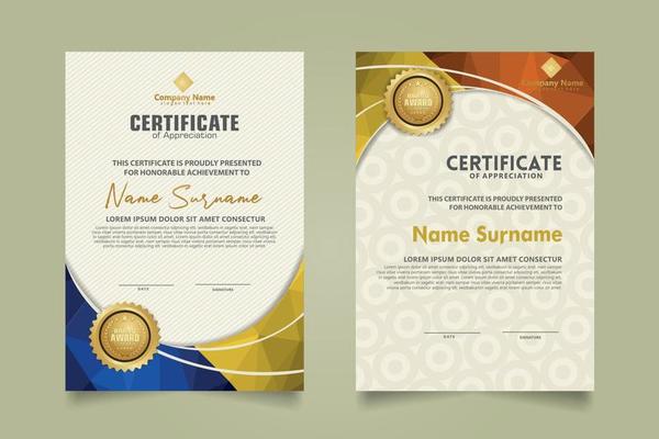 Set modern certificate template with triangle geometric polygon on circular lines ornate background. vector illustrations