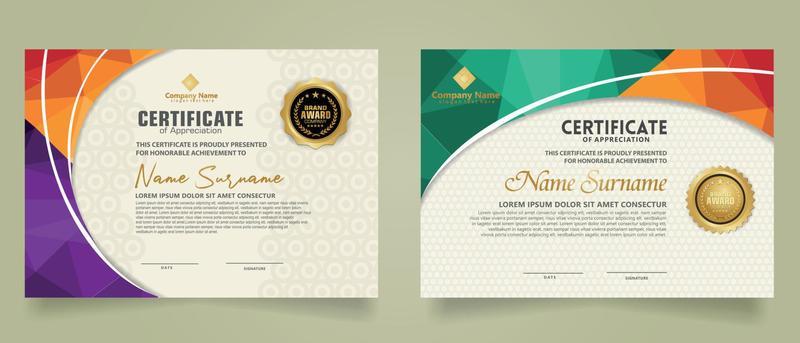 Set modern certificate template with triangle geometric polygon on circular lines ornate background. vector illustrations