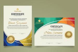 Set modern certificate template with triangle geometric polygon on circular lines ornate background. vector illustrations