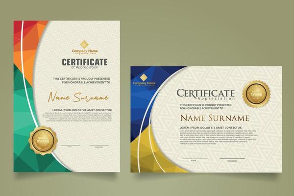 Set modern certificate template with triangle geometric polygon on circular lines ornate background. vector illustrations