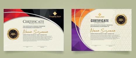 Set modern certificate template with triangle geometric polygon on circular lines ornate background. vector illustrations