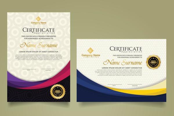 Set modern certificate template with futuristic and elegant color wave shape on the ornament and modern pattern background