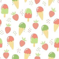 patrón sin costuras con fresas y helado. fondo de verano en colores brillantes. ilustración vectorial de moda dibujada a mano para el diseño textil. vector