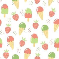 Seamless pattern with strawberries and ice cream. Summer background in bright colors. Hand-drawn trendy vector illustration for textile design.