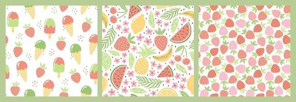 Set of seamless patterns with colorful fruits and sweets for textile design. Summer background in bright colors. Hand-drawn trendy vector illustrations.