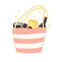 Colorful illustration with beach bag and summer stuff in hand-drawn style. Cute holiday decoration. Isolated vector design with seasonal elements like sunglasses, towel and beverage. Vacation concept.