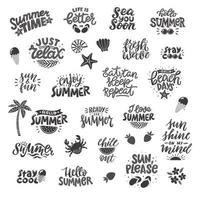 Black and white summer lettering set in modern style. Hand-drawn holiday decorations. Isolated vector illustration designs with summer elements. Vector typography collection.