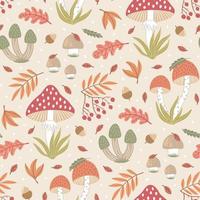 Hand-drawn seamless pattern with wild mushrooms and autumn leaves. Colorful seasonal illustration for paper and gift wrap. Fabric print design. Creative stylish background. vector