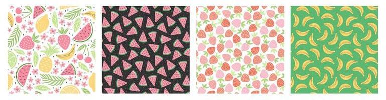 Set of seamless patterns with colorful fruits for textile design. Summer background in bright colors. Hand-drawn trendy vector illustrations.