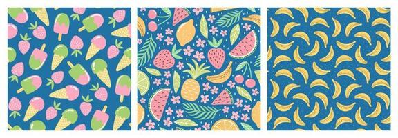 conjunto de patrones impecables con frutas coloridas y dulces para el diseño textil. fondo de verano en colores brillantes. ilustraciones vectoriales de moda dibujadas a mano. vector