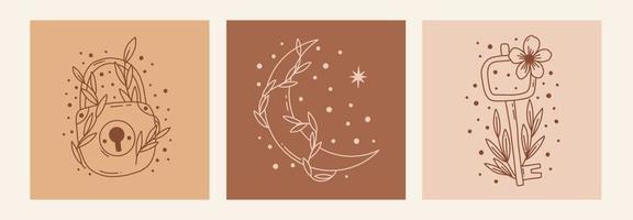 Boho mystic doodle esoteric set. Magic line art poster with moon, key, lock flower. Bohemian modern vector illustration