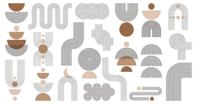 Abstract boho aesthetic geometric shape set. Contemporary mid century line design with sun and moon phases trendy bohemian style. Modern vector illustration