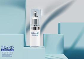 Luxury Cosmetic tube luxury skincare with light on blue square podium background, with leaves shadow on wall and blue color background