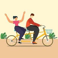 joven y mujer montando una bicicleta tándem en la calle del parque. día mundial de la bicicleta. ilustración de vector gráfico plano coloreado aislado.