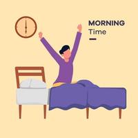 Sleepy young boy wake Up And Get Ready For working at 8 am. Activity time  vector illustration.