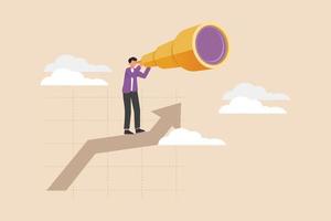A entrepreneur Climb up rising arrow with big gold telescope. profit and earning forecast concept and career concept. Flat vector illustration isolated.