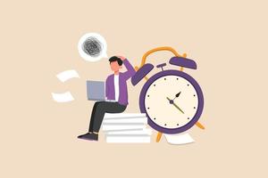 Employees are stressed because tasks pile up in front of the clock and a circle of problems in the head. Stress in office. Flat vector illustration isolated.