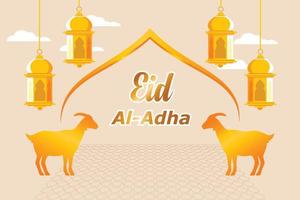 Goats and gold lantern on cream background. Eid al-Adha. Flat vector illustration isolated.