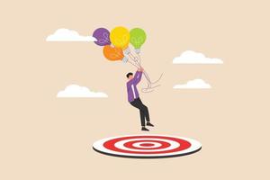 Businessman with balloons down to reach the target circle. Business goal to profit. Flat vector illustration isolated.